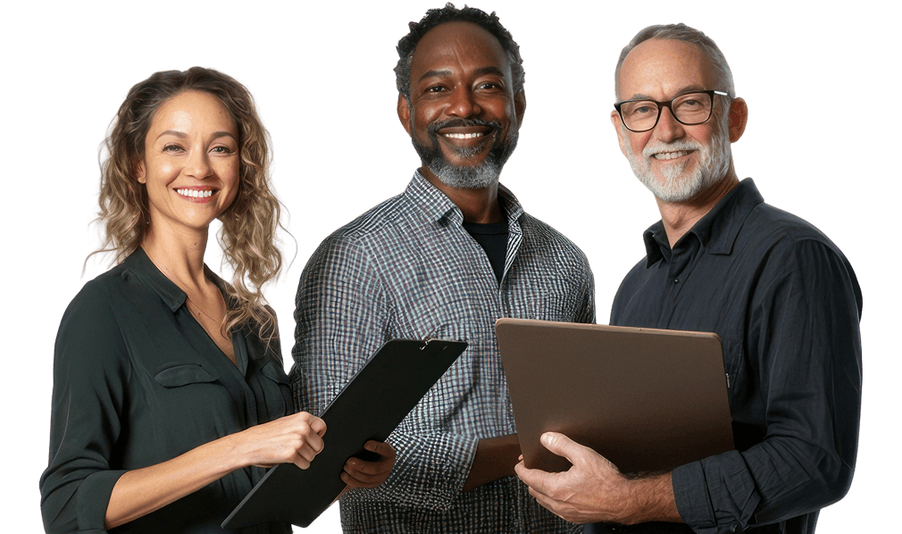 Équipe de professionnels souriants tenant dossiers et documents devant un fond blanc